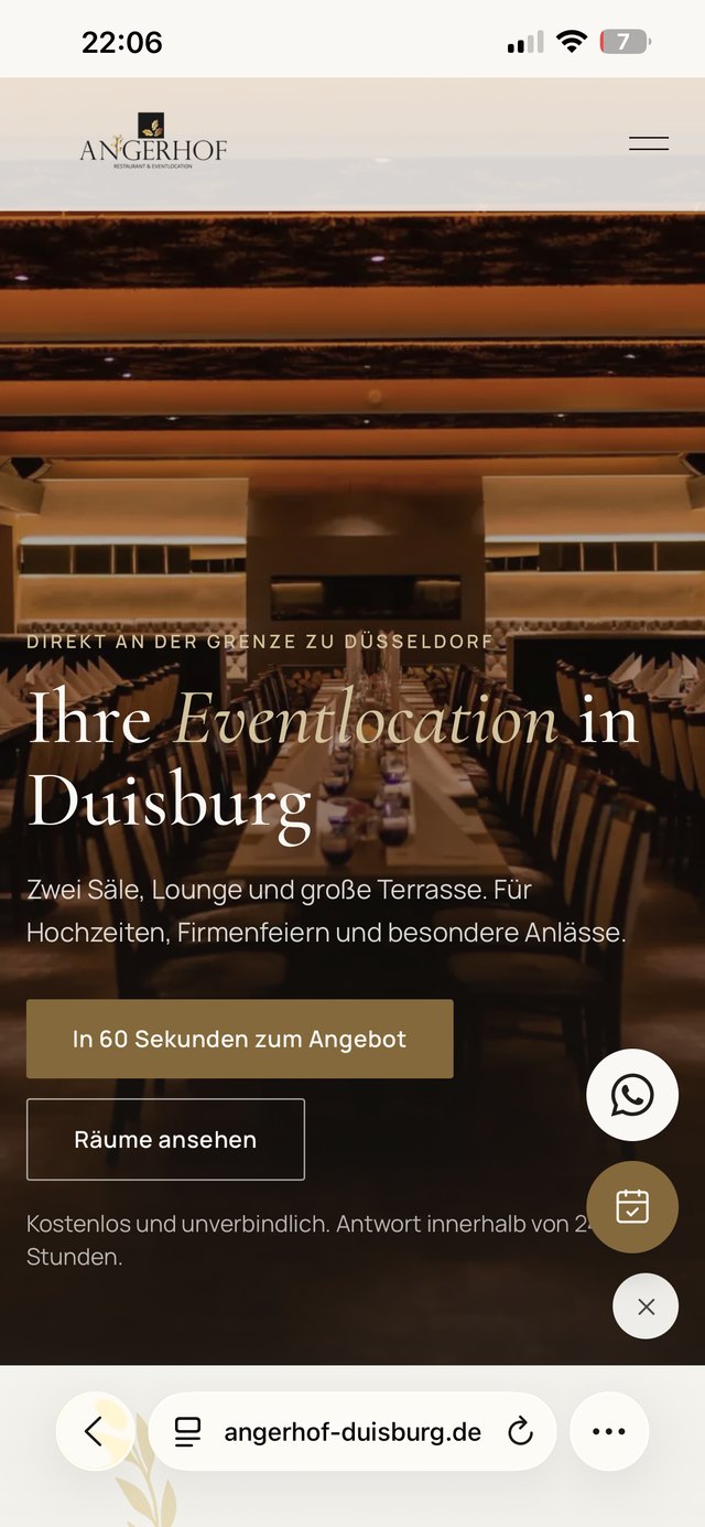 Website Angerhof Duisburg in der Mobil-Ansicht