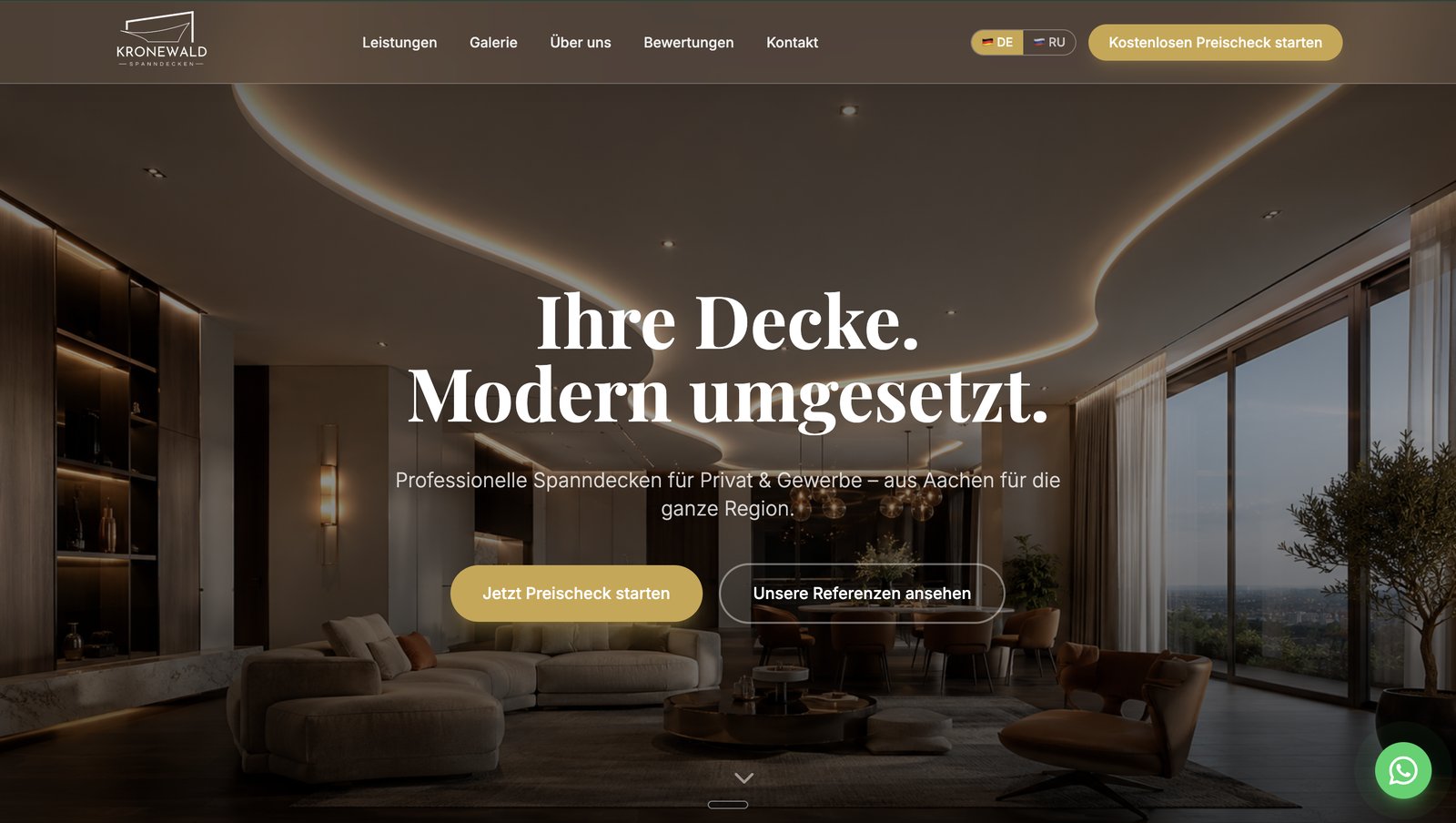 Website Kronewald Spanndecken in der Desktop-Ansicht